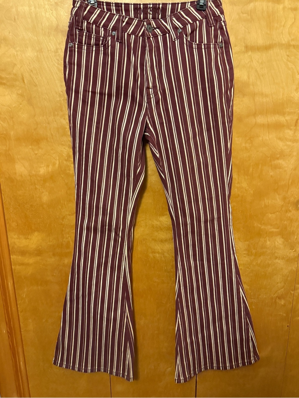 Rock & Roll Women’s Striped Maroon Debim Flare Pants size 30 x 34